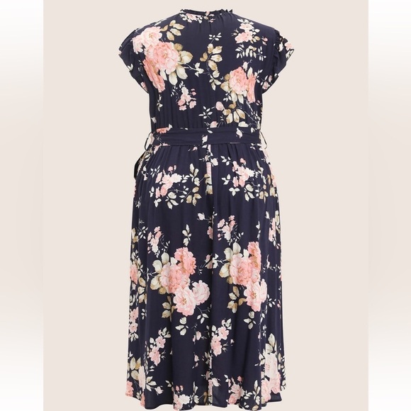 BloomChic Floral Frill Trim Mock Neck Pocket Ruffle Belted Cap Sleeve Dress - Picture 7 of 9